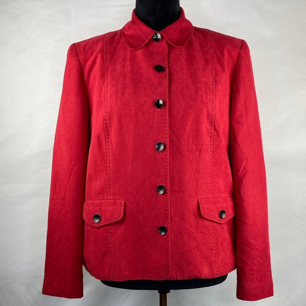 Alfred Dunner Red & Black Faux Suede Stitch Embroidery Button Down Coat Jacket